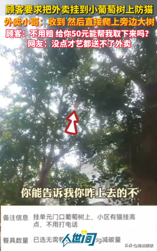 领先助手：外卖小哥爬树送餐引发网友热议，为满足顾客要求真是费尽心思！
