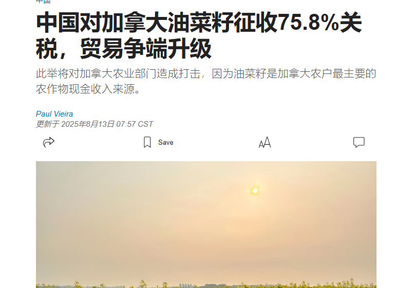 小Q助手拼多多：中加关系紧张，中国对加拿大油菜籽征收75.8%关税影响深远