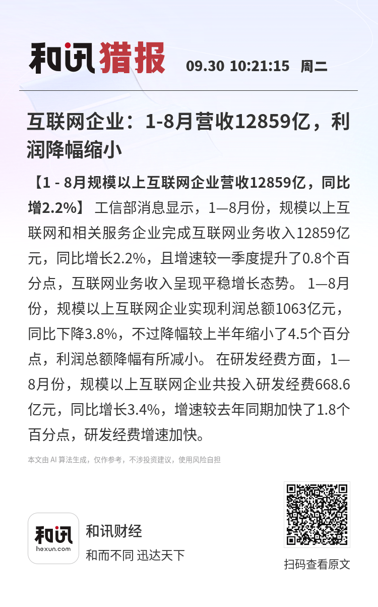 权重大师：1-8月互联网企业营收12859亿，利润降幅缩小至3.8%