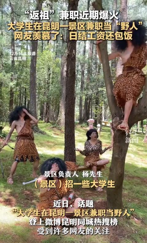 小评评助手：昆明景区招大学生当“野人”兼职，日结工资包饭引发热潮！